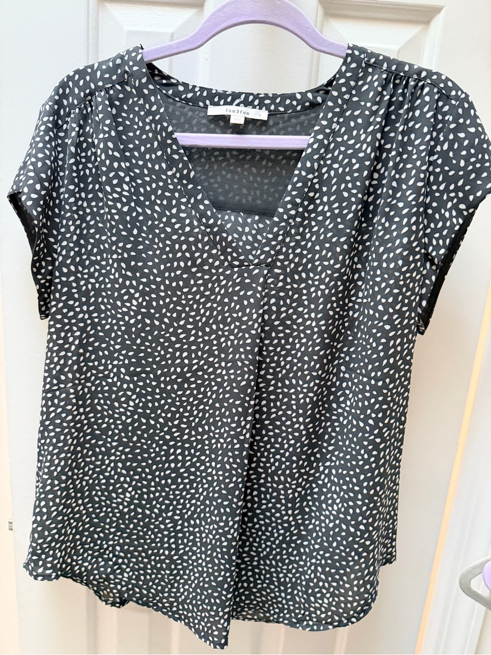 Grey and White V-Neck Dot Print Blouse
